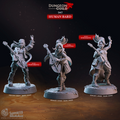 3D printed Female Human Bard miniature set featuring three resin sculpts in heroic 32mm scale for D&D, Pathfinder, and tabletop RPG games. Includes Performing, Chanting, and Strumming poses with lute instruments on textured 25mm bases from the Dungeon Guild collection.
