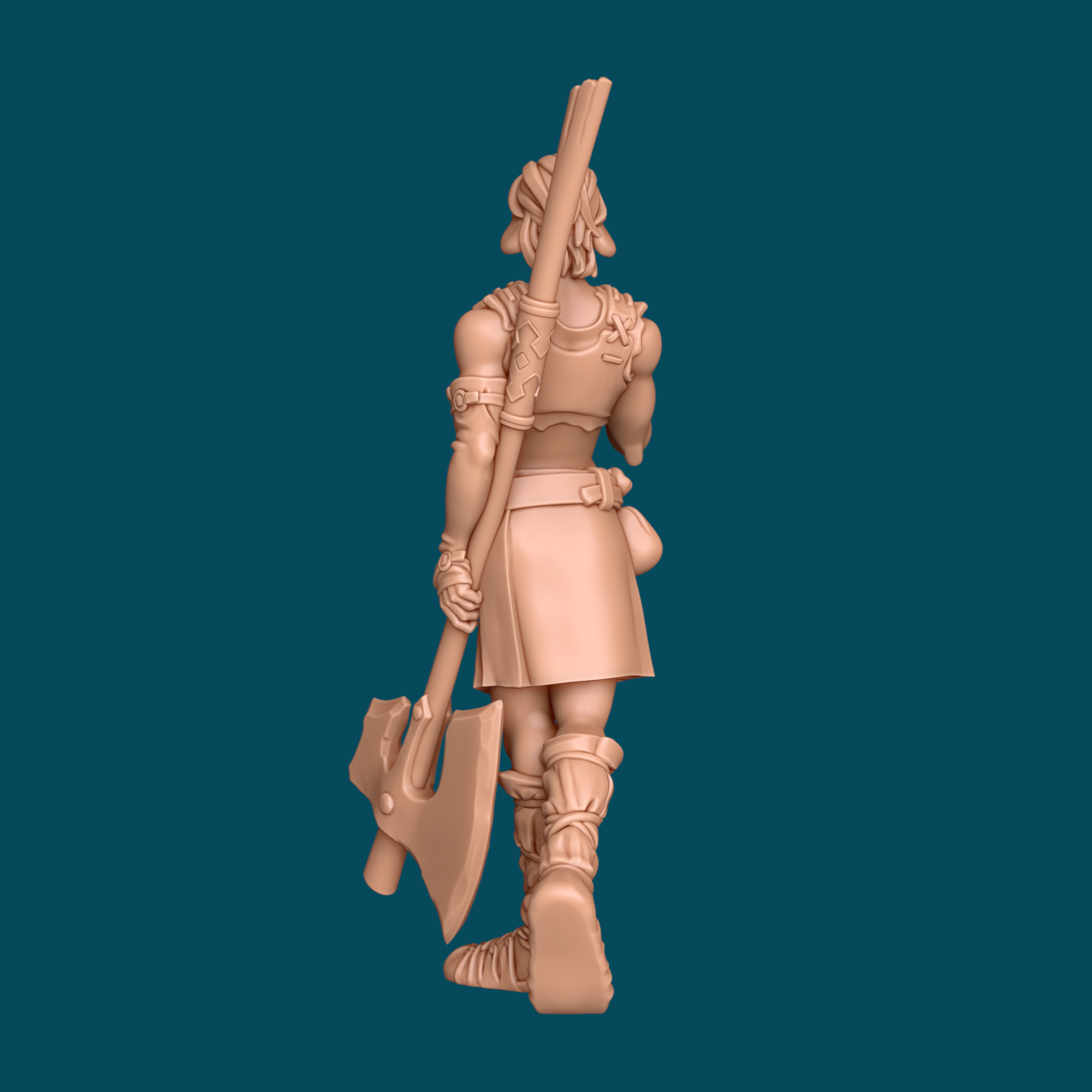 Back angle view of Cole, a firbolg barbarian 3D printed resin miniature showing the sheathed greatsword, belt pouch, and leg wraps for D&D and tabletop RPG gaming