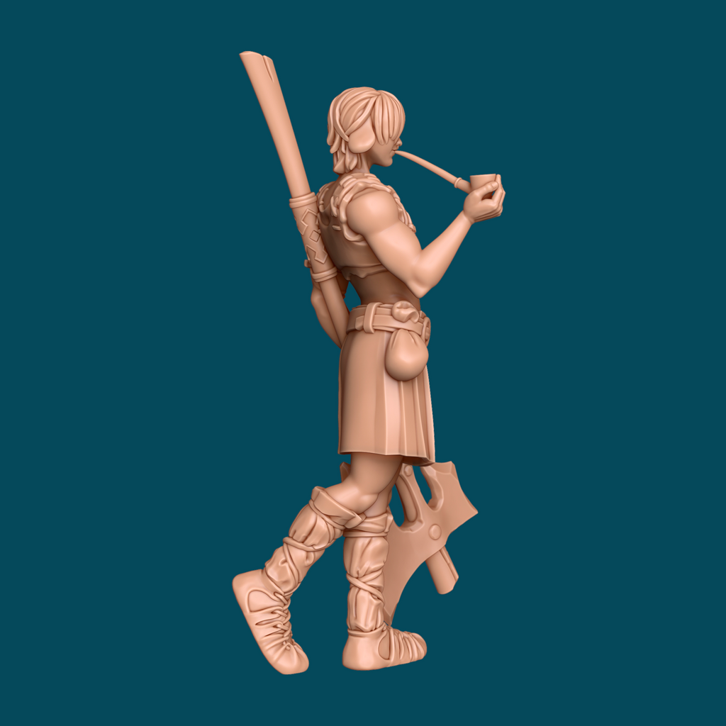 Rear view of Cole, a firbolg barbarian 3D printed resin miniature showing the battleaxe, spiked pauldrons, and tunic details for D&D and tabletop RPG gaming.v