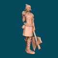 3D printed miniature of Cole, a firbolg barbarian with pointed ears, spiked shoulder armor, a large battleaxe, and a belt pouch, eating an apple in a casual pose, a resin D&D and tabletop RPG miniature at heroic 32mm scale.