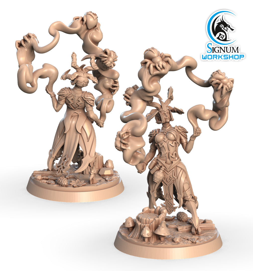 Cray Ar Din, Witch of the Cursed Forest alternate angle of the 3D printed 16K resin miniature (Elf, Tiefling Witch, Druid) for D&D, Pathfinder, and tabletop wargaming in heroic 32mm scale.