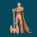 3D printed miniature of Deus, a human fighter in full plate armor with a flowing cape and a large rune-inscribed battleaxe, a resin D&D and tabletop RPG miniature at heroic 32mm scale.
