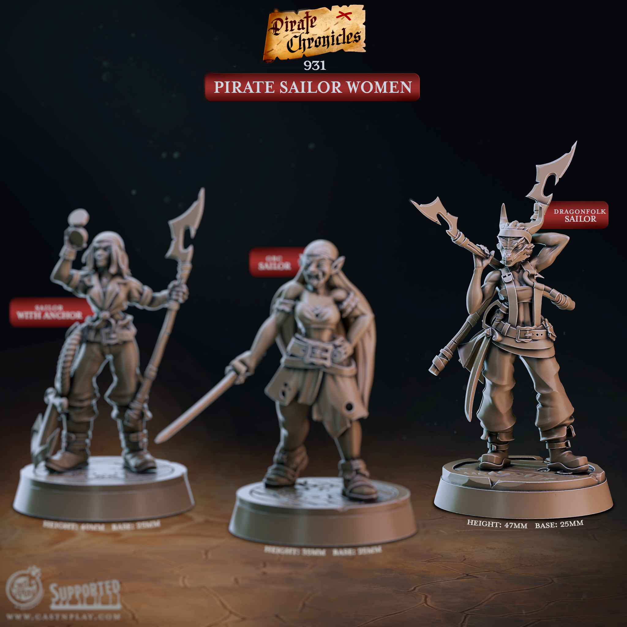 3D printed resin miniature of a dragonfolk pirate sailor woman wielding a halberd in a confident stance, ideal for Pathfinder, D&D, and tabletop RPG campaigns with a nautical pirate theme.