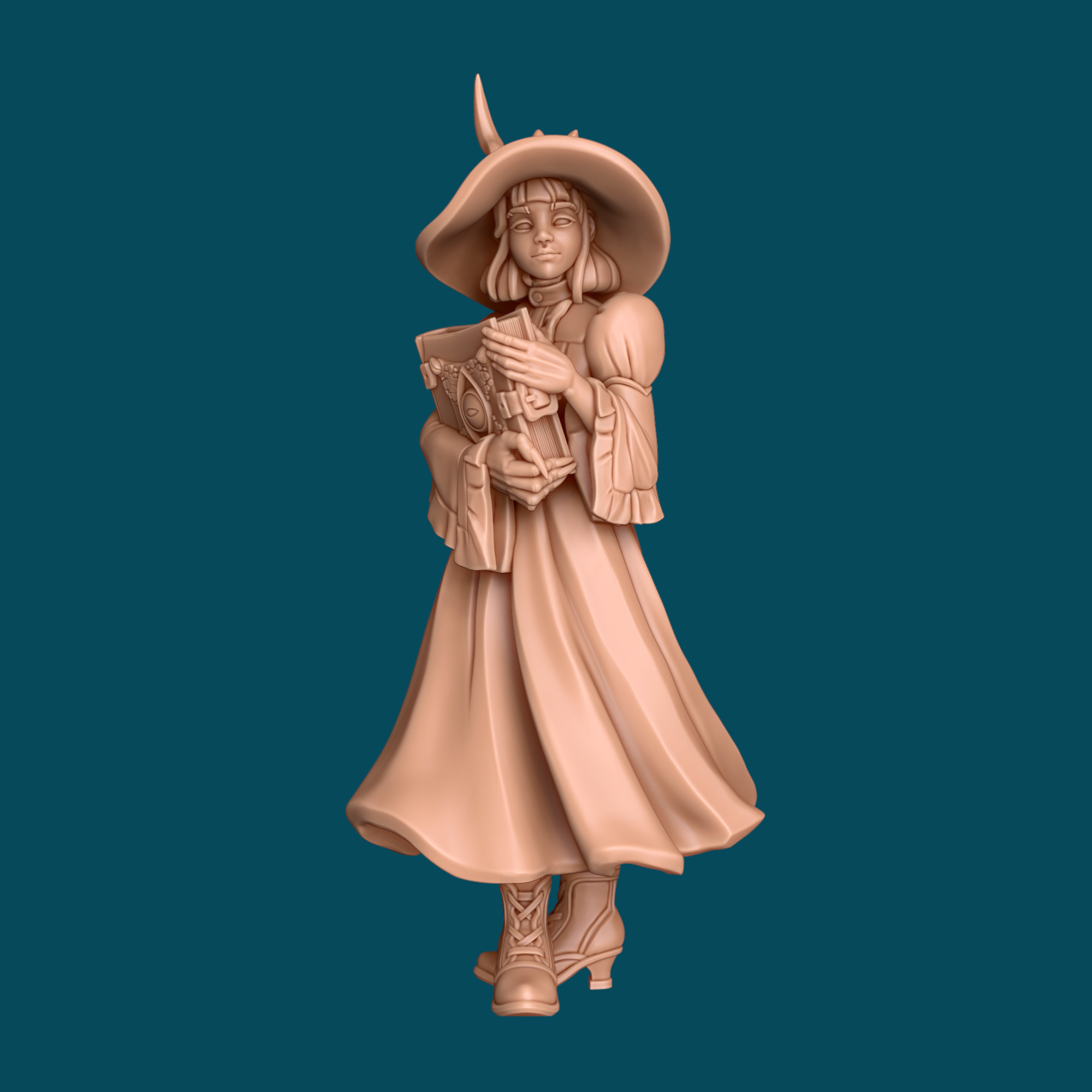 3D printed miniature of Endora, a cursed girl witch holding a grimoire, wearing a pointed hat and flowing dress, perfect for D&D sorcerer or warlock characters in tabletop RPG campaigns, printed in high-detail resin at heroic 32mm scale.
