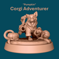 3D printed miniature of Pumpkin, an adorable corgi adventurer wearing a backpack and harness with a horn trumpet, a resin D&D and tabletop RPG animal companion miniature at heroic 32mm scale.
