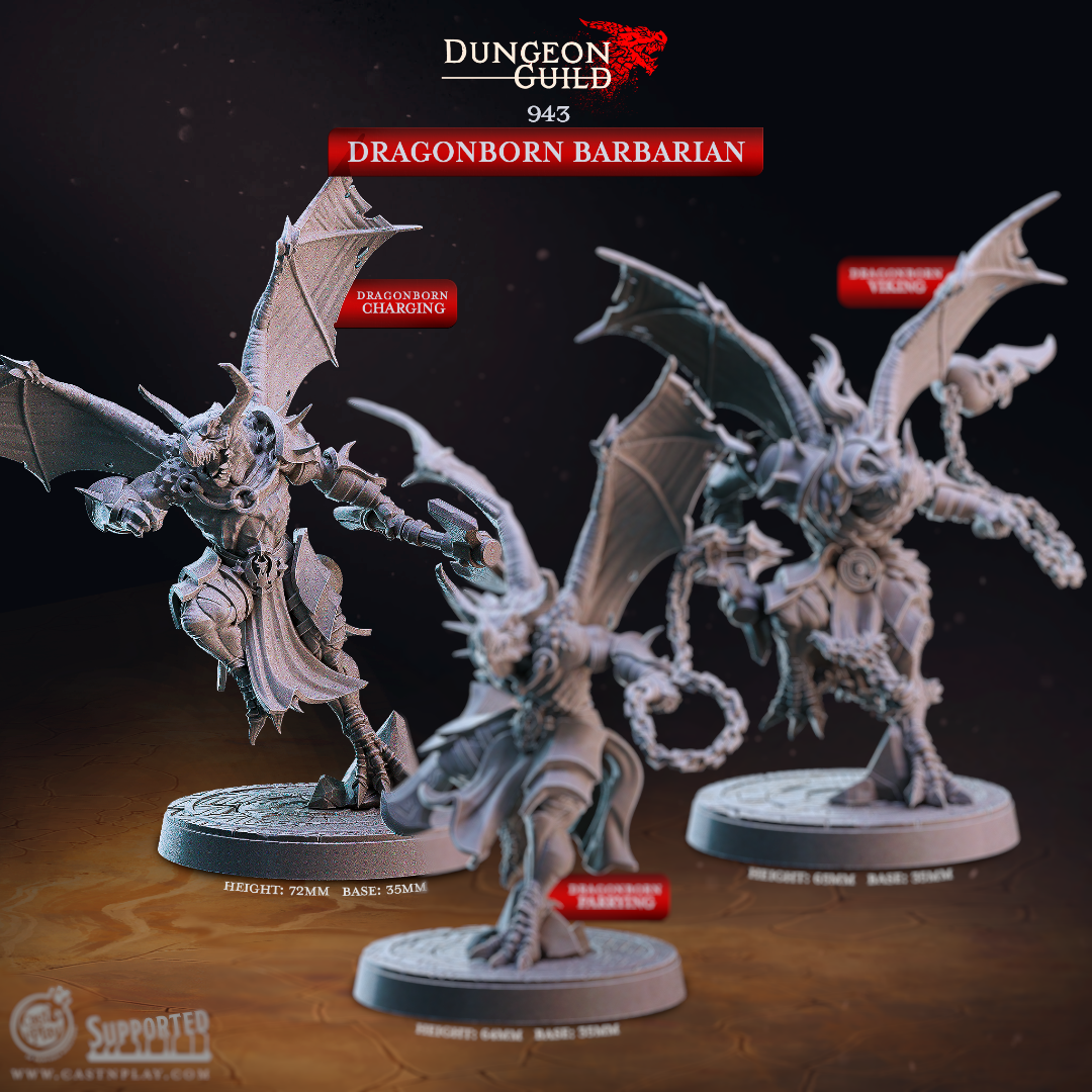 3D printed Dragonborn Barbarian Charging miniature for D&D and tabletop RPG, a winged dragonborn warrior lunging forward with outstretched claws and a cape flowing behind on a 35mm resin base.