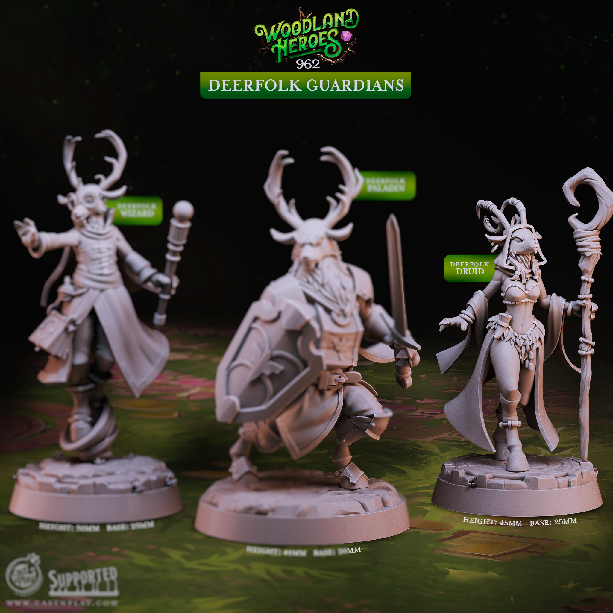 Deerfolk Druid 3D printed resin miniature, a graceful antlered deer-folk nature caster holding a curved wooden staff with mystical motifs. Heroic 32mm scale figure for D&D druid and Pathfinder tabletop RPG campaigns on a 25mm base.