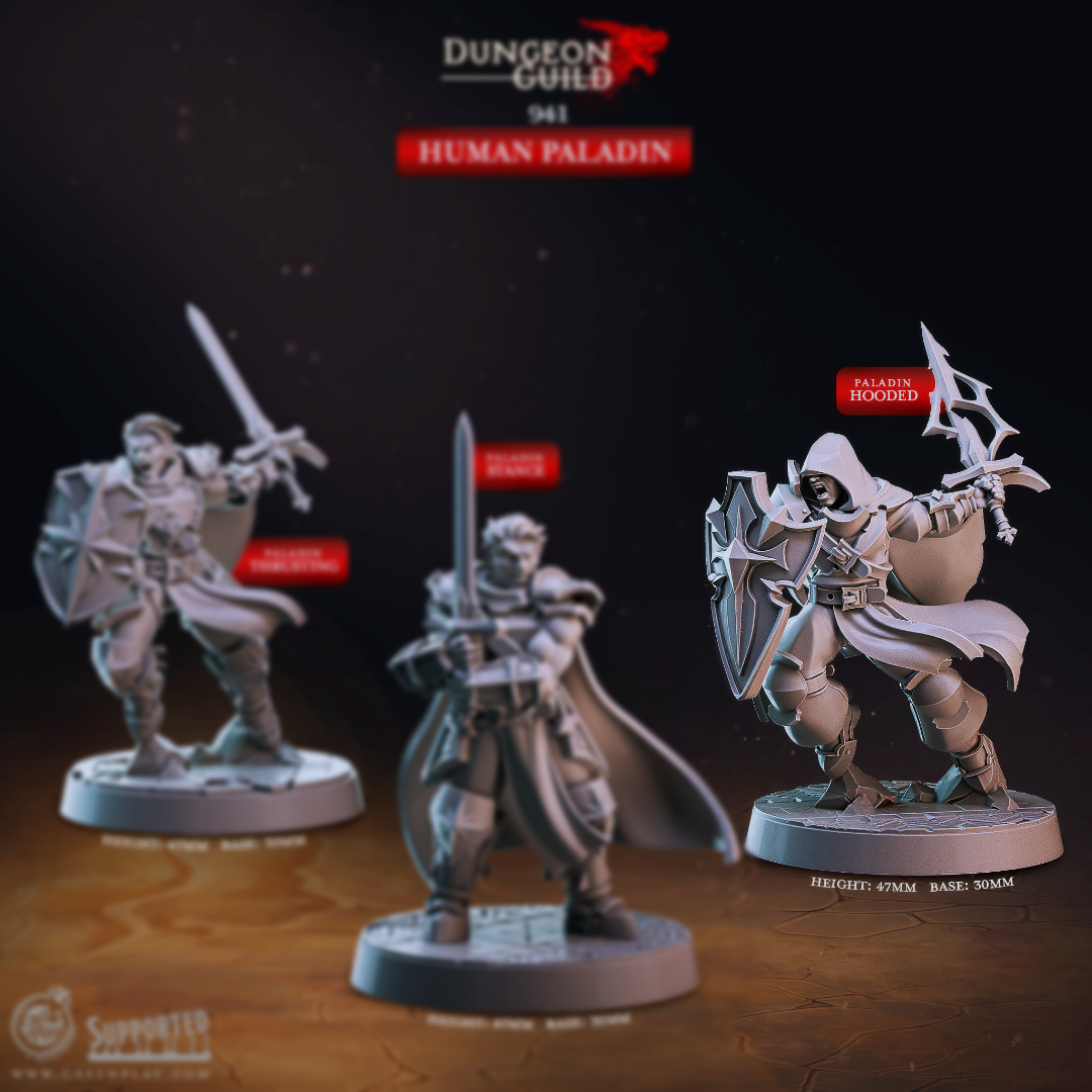 3D printed Human Paladin Stance miniature for D&D and tabletop RPG, a caped resin knight standing ready with greatsword drawn on a 30mm textured base.