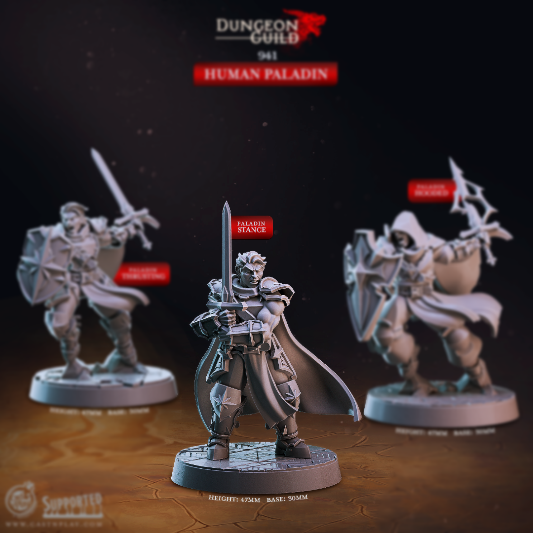 3D printed Human Paladin Stance miniature for D&D and tabletop RPG, a caped resin knight standing ready with greatsword drawn on a 30mm textured base.
