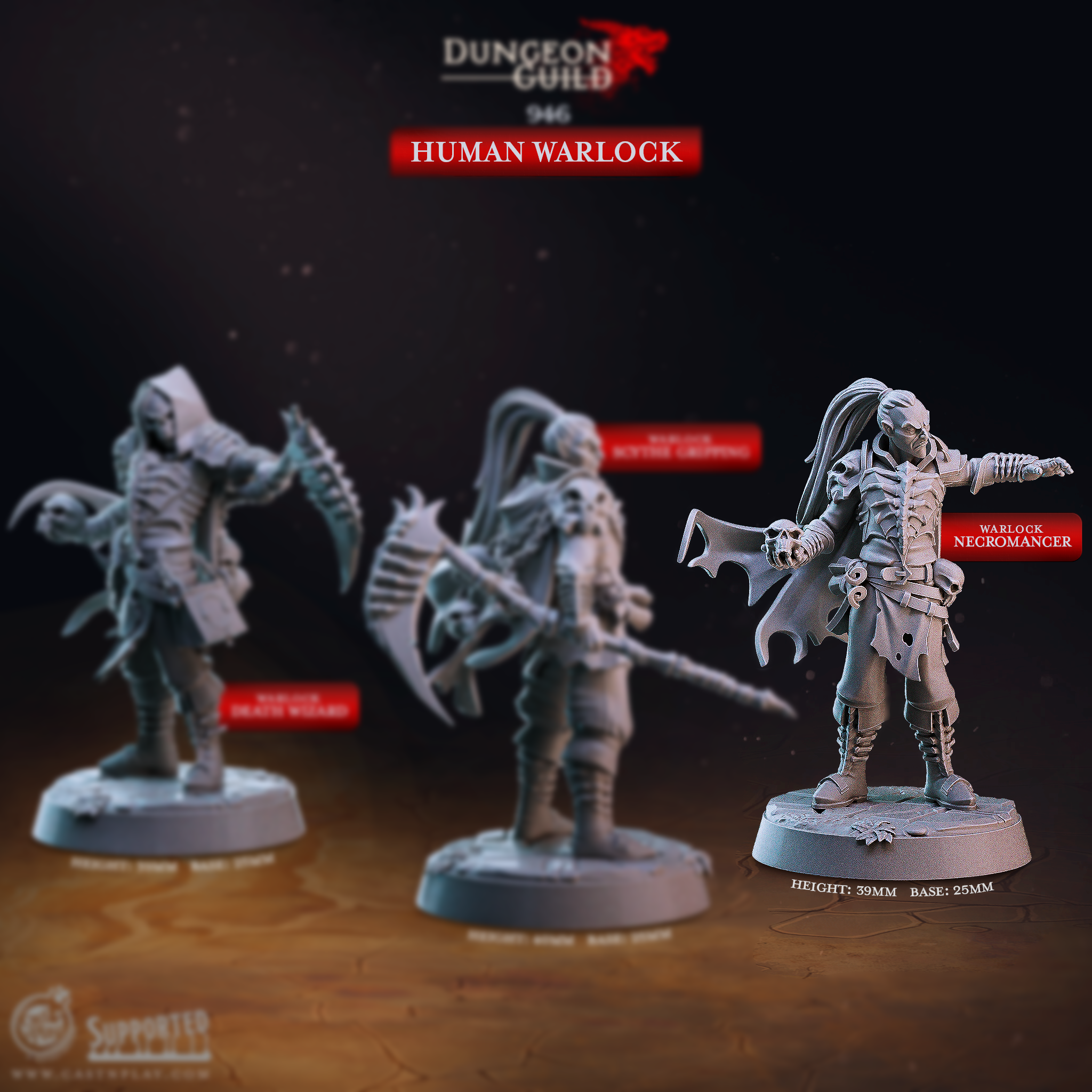Human Warlock Necromancer 3D printed resin miniature, an armored dark caster with skeletal motifs extending a hand in a commanding gesture. Heroic 32mm scale figure perfect for D&D warlock or Pathfinder tabletop RPG adventures.