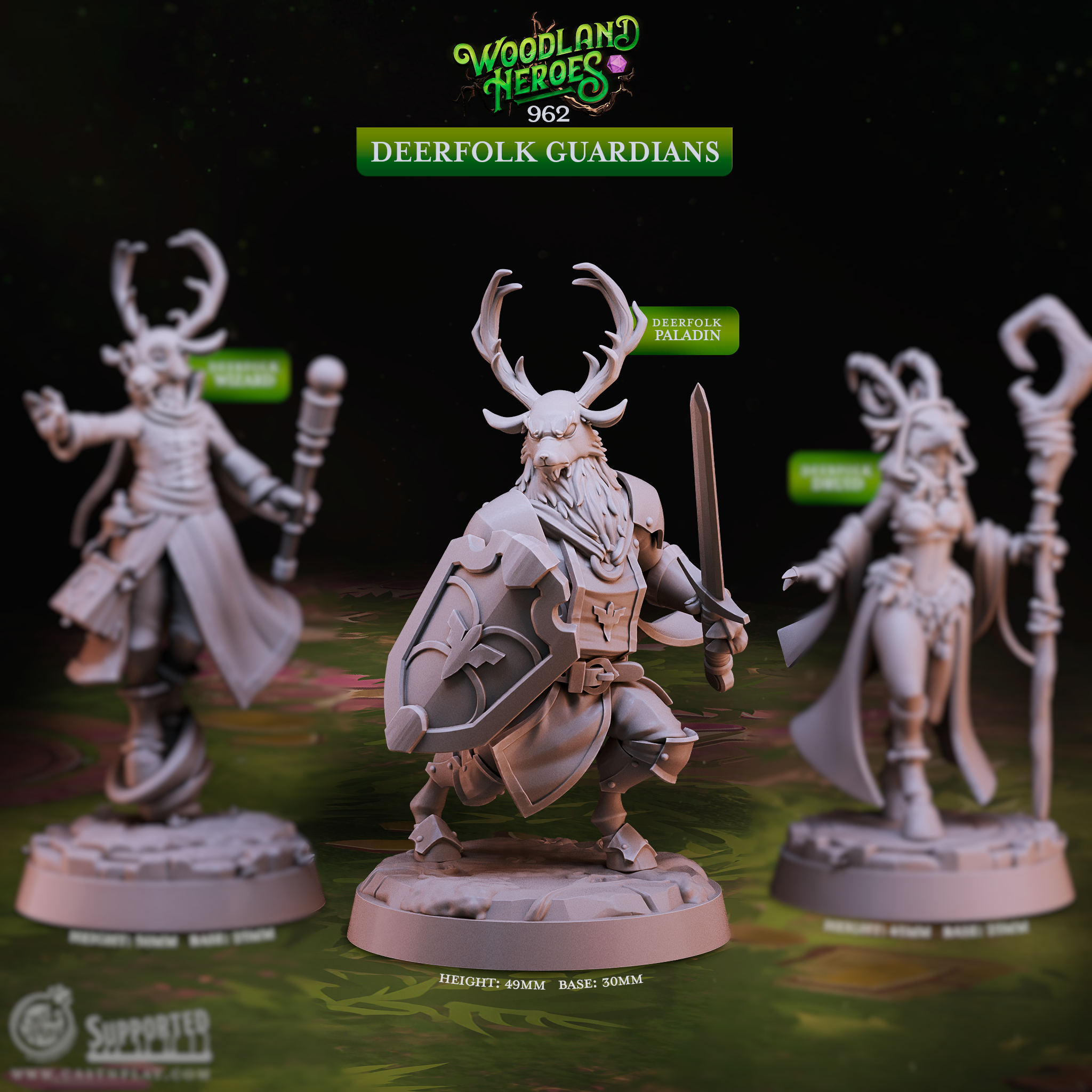 Deerfolk Paladin 3D printed miniature, a powerful antlered deer-folk warrior kneeling with sword and shield in a battle-ready pose. Detailed resin model on a 30mm base for D&D paladin, Pathfinder, and tabletop RPG adventures.