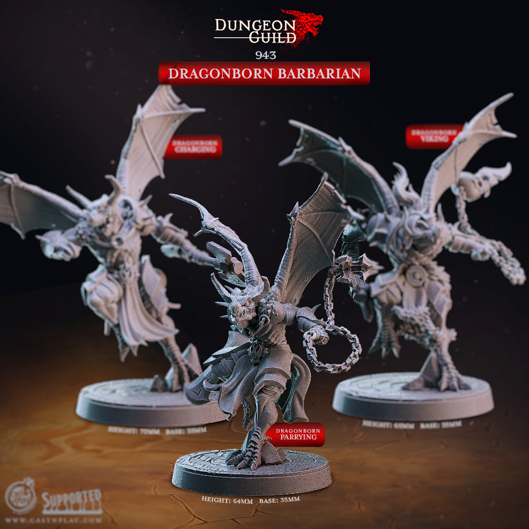 3D printed Dragonborn Barbarian Parrying miniature for D&D and tabletop RPG, a winged dragonborn warrior with horned helm and heavy chain weapon in a defensive parrying stance on a 35mm resin base.
