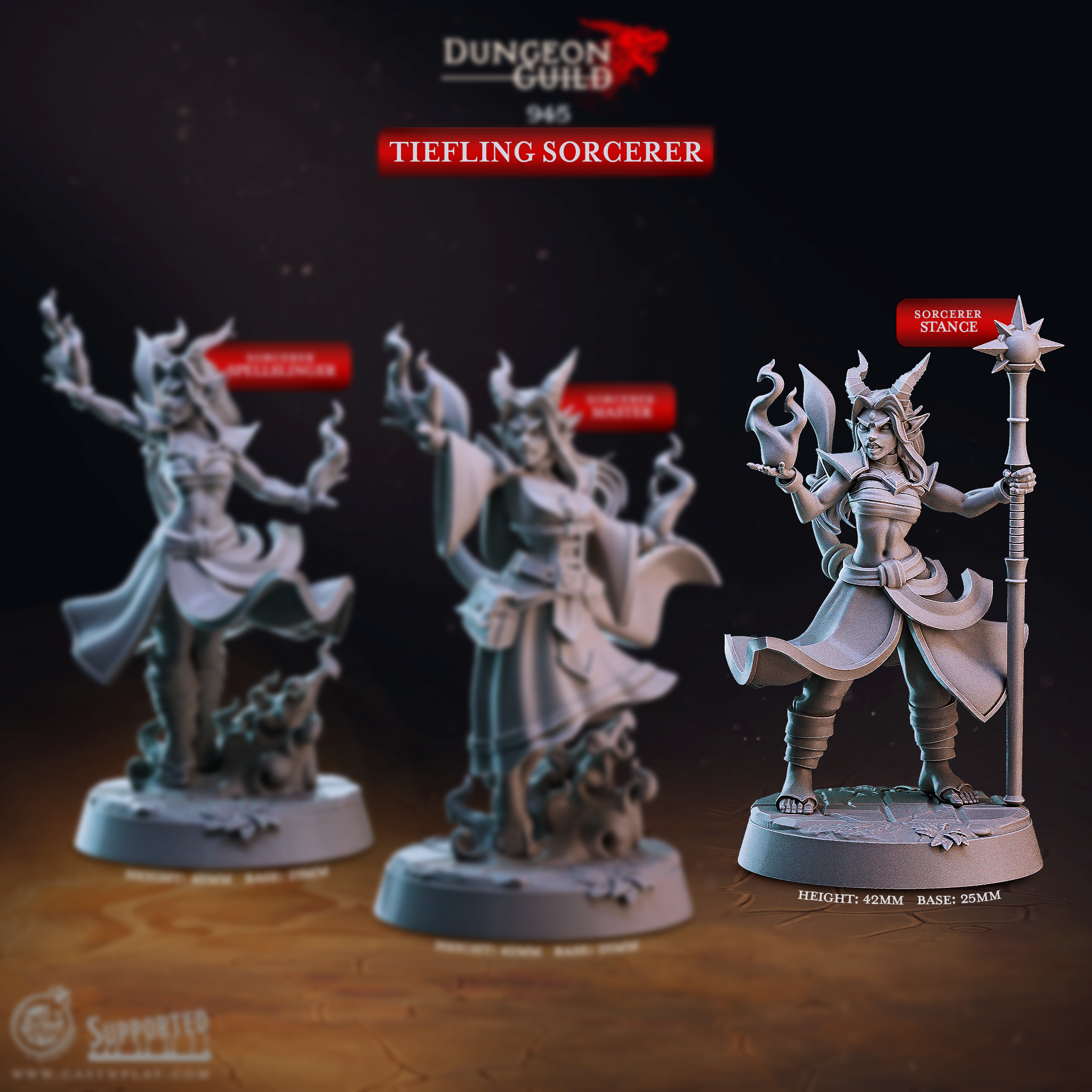 Tiefling Sorcerer Stance 3D printed resin miniature, a confident female tiefling wielding a spiked staff in a commanding pose. Heroic 32mm scale figure for D&D, Pathfinder, and other tabletop RPG games.