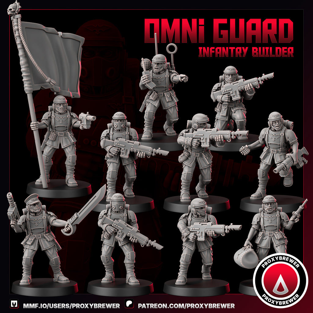 Omni Guard Infantry set featuring ten sci-fi guardsmen miniatures in dynamic combat poses. Kriegsmen style with modular weapons including lasguns, heavy stubbers, and flamethrowers. Includes banner bearer, grenade thrower, kneeling sharpshooter, radio operator, and commanding officer with sword. Dieselpunk aesthetic with gasmasks, trench coats, and gothic military armor. High-detail prints perfect for grimdark tabletop wargaming, skirmish battles, and proxy regiment building. 16k resin prints.