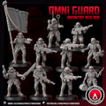 Omni Guard Infantry set featuring ten sci-fi guardsmen miniatures in dynamic combat poses. Kriegsmen style with modular weapons including lasguns, heavy stubbers, and flamethrowers. Includes banner bearer, grenade thrower, kneeling sharpshooter, radio operator, and commanding officer with sword. Dieselpunk aesthetic with gasmasks, trench coats, and gothic military armor. High-detail prints perfect for grimdark tabletop wargaming, skirmish battles, and proxy regiment building. 16k resin prints.
