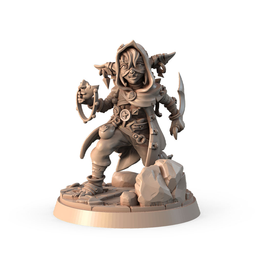 Fizzy, the Fearless 3D printed 16K resin miniature for D&D and Pathfinder tabletop RPG, sculpted as a Goblin Sorcerer, Rogue in heroic 32mm scale with ABS-Like durable resin.