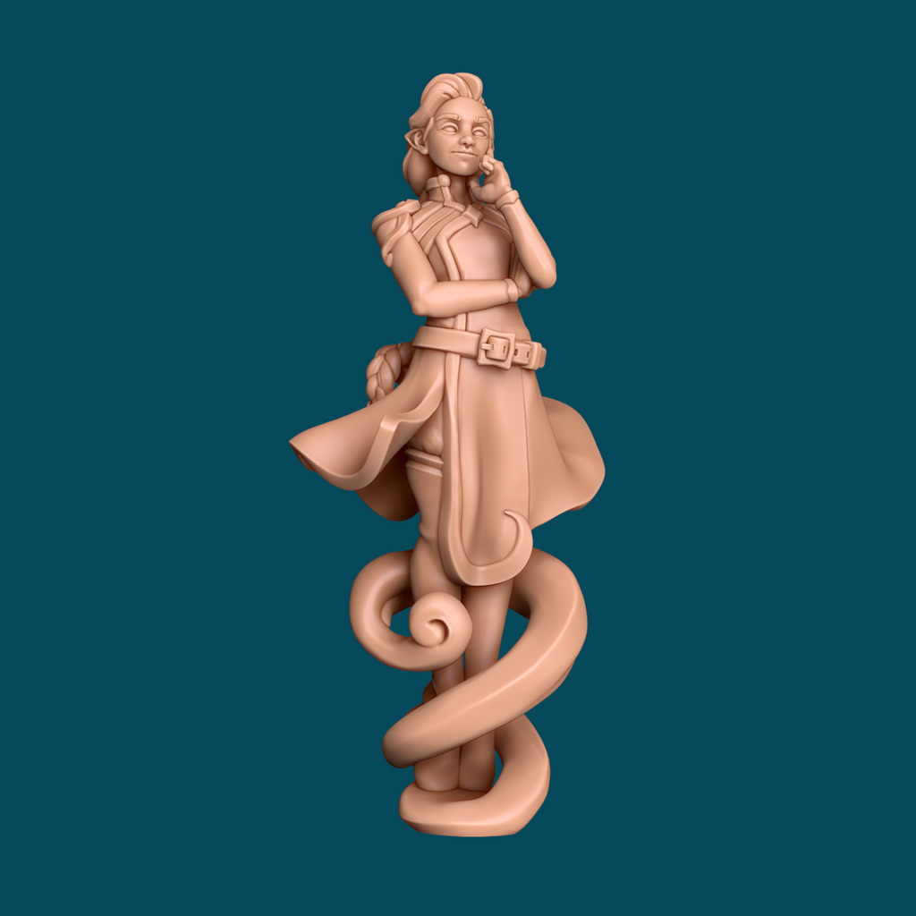 3D printed miniature of Foehn, an airy wind mage floating on swirling air currents with braided hair and adventurer outfit, perfect for D&D sorcerer or elementalist characters in tabletop RPG campaigns, printed in high-detail resin at heroic 32mm scale.