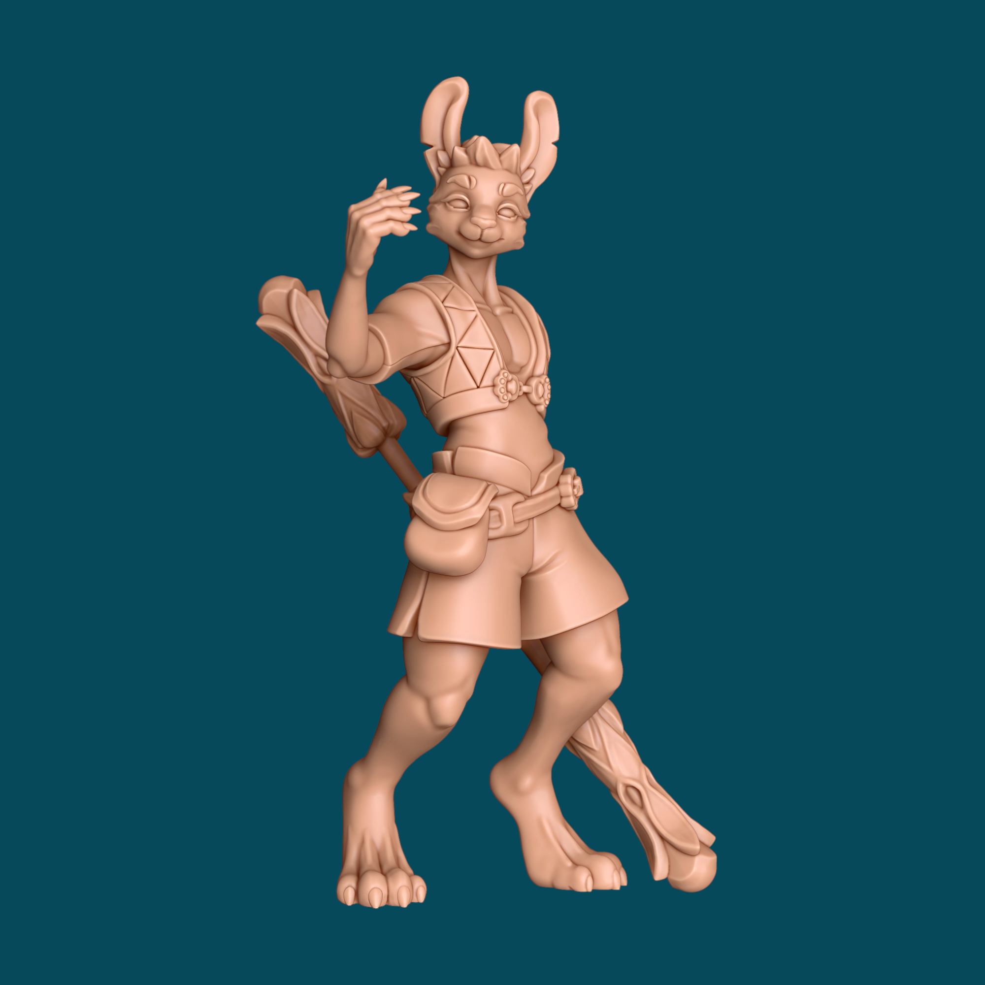 3D printed miniature of Frederick, a harengon rabbit-folk monk in a martial arts stance with staff and belt pouches, perfect for D&D monk characters in tabletop RPG campaigns, printed in high-detail resin at heroic 32mm scale.
