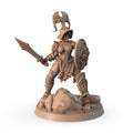 Gladiatrix Trio: Murmillo gladiatrix variant A with sword and round shield, 3D printed 16K resin miniature in heroic 32mm scale for D&D and Pathfinder tabletop RPG, ABS-Like durable resin.
