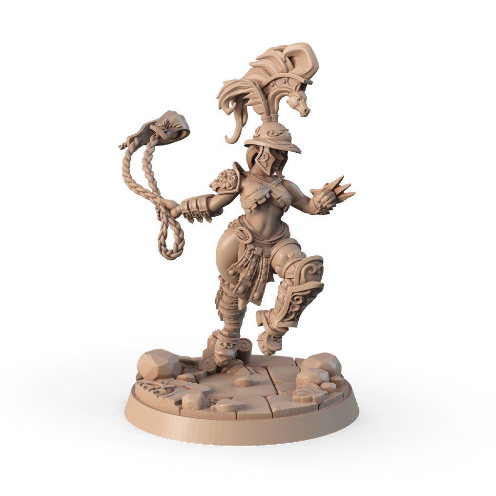 Gladiatrix Trio: gladiatrix variant B wielding a sling for ranged arena combat, 3D printed 16K resin miniature in heroic 32mm scale for D&D and Pathfinder tabletop RPG, ABS-Like durable resin.