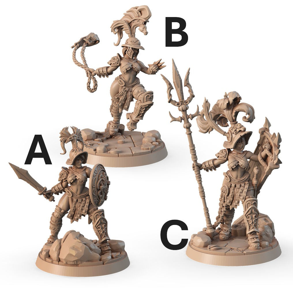Gladiatrix Trio: all three gladiatrix variants posed together as a complete arena trio, 3D printed 16K resin miniature in heroic 32mm scale for D&D and Pathfinder tabletop RPG, ABS-Like durable resin.