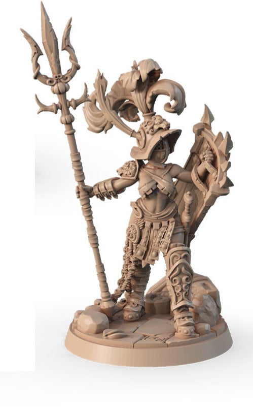 Gladiatrix Trio: gladiatrix variant C wielding trident and ornate shield, 3D printed 16K resin miniature in heroic 32mm scale for D&D and Pathfinder tabletop RPG, ABS-Like durable resin.