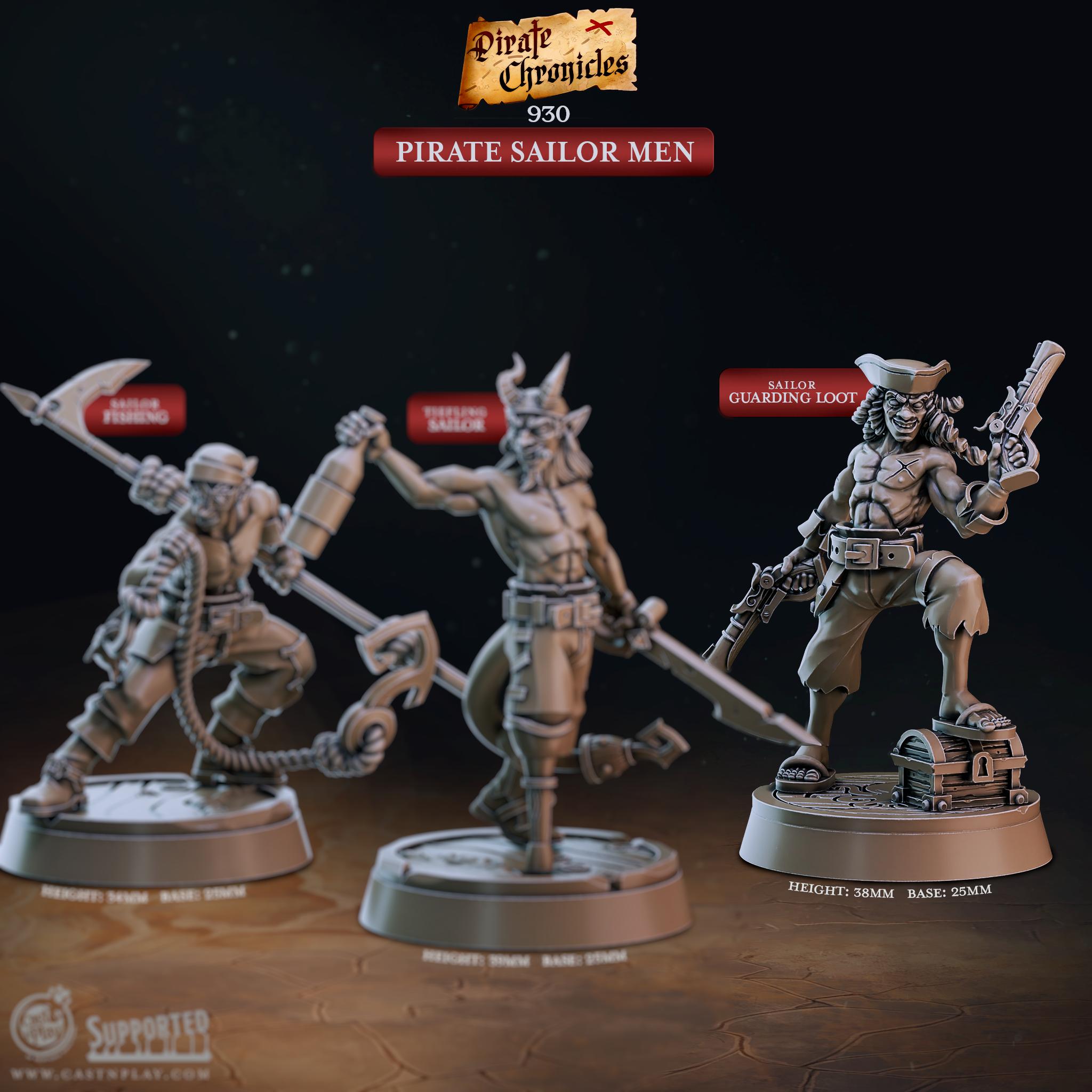 3D printed resin miniature of Sailor Guarding Loot, a muscular pirate standing atop treasure crates wielding a pistol and blunderbuss, perfect for D&D and Pathfinder tabletop RPG pirate encounters. Part of the Pirate Sailor Men set from the Pirate Chronicles collection by Cast N Play.
