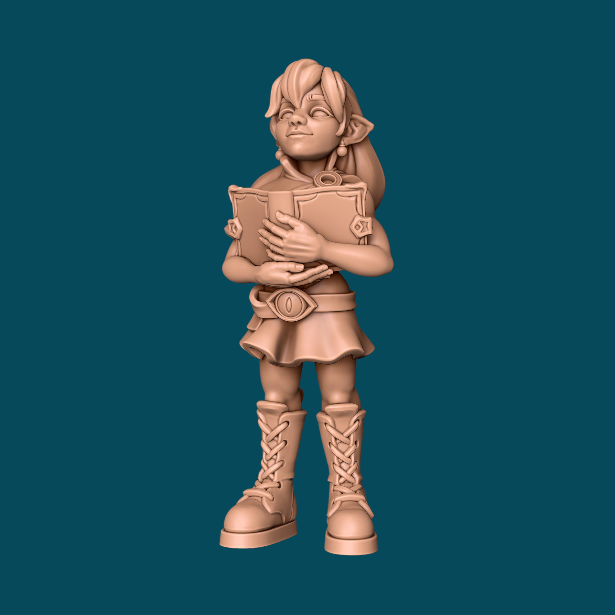 Hadrey, a halfling warlock miniature for D&D and tabletop RPGs, printed in 16K resin at heroic 32mm scale, depicting a small halfling clutching a grimoire with pointed ears and laced boots

