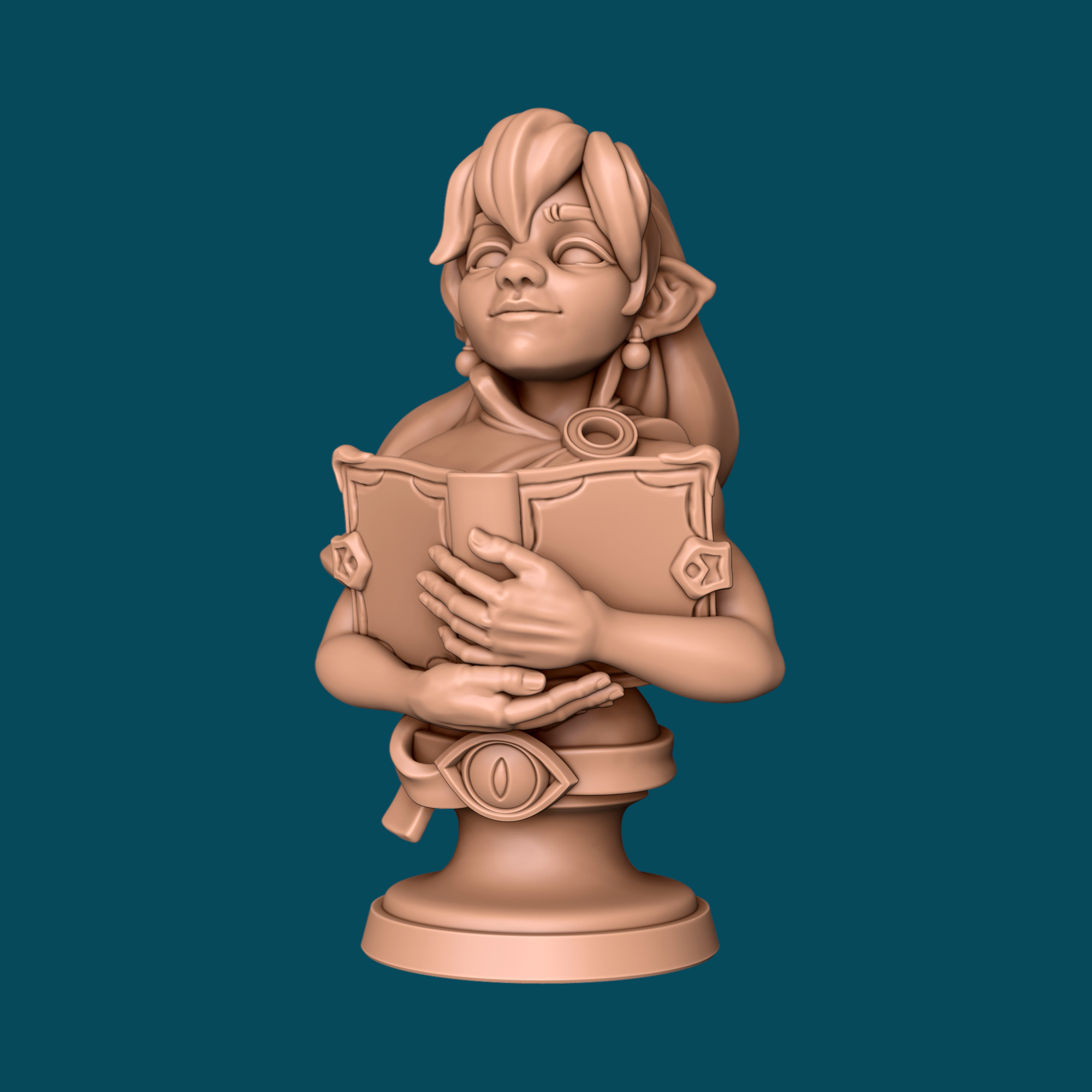 Hadrey halfling warlock bust miniature for D&D and tabletop RPGs, printed in 16K resin, showing upper body holding a grimoire on a pedestal base