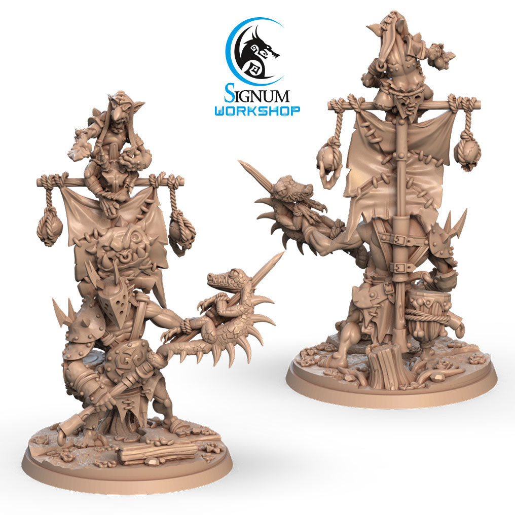 Hagron, The Frightful Banner alternate angle of the 3D printed 16K resin miniature (Goblin Fighter, Other) for D&D, Pathfinder, and tabletop wargaming in heroic 32mm scale.