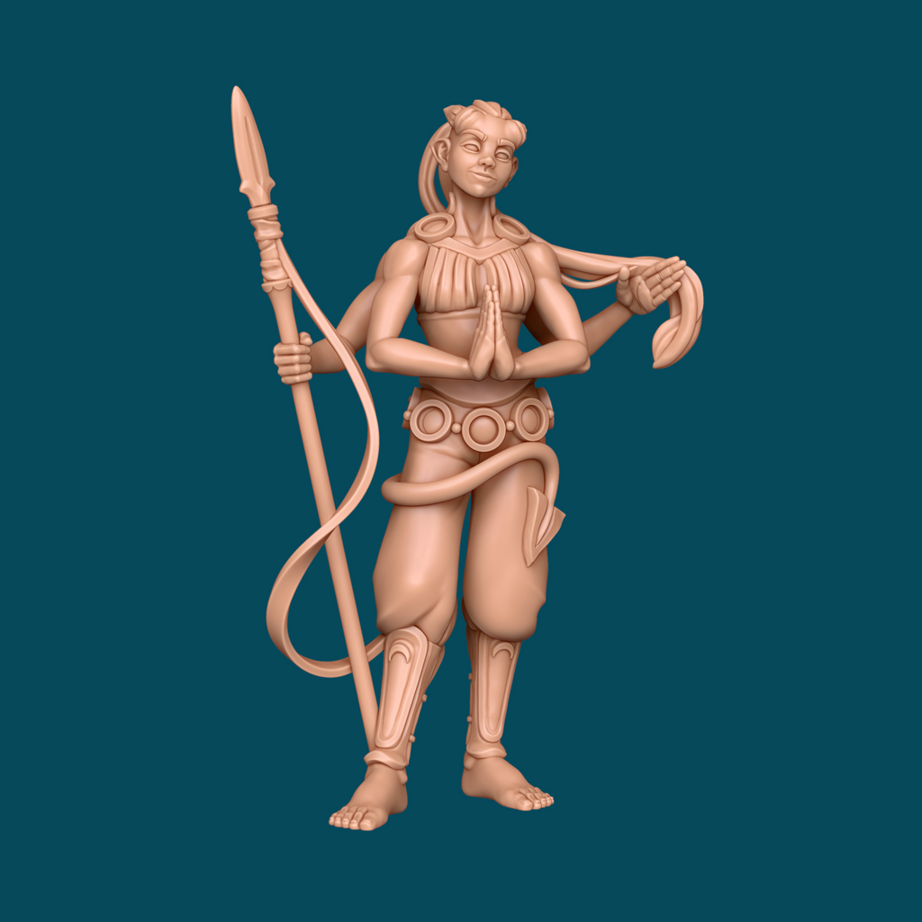 Rear view of Integrity tiefling sentinel miniature showing flowing ponytail, tail, laced armor details, and spear