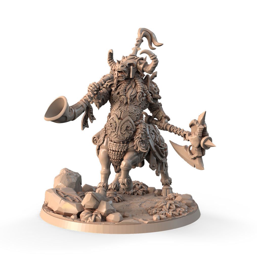 Irsel, Minocentaur with Horn 3D printed 16K resin miniature for D&D and Pathfinder tabletop RPG, sculpted as a Centaur, Minotaur Fighter, Bard in heroic 32mm scale with ABS-Like durable resin.