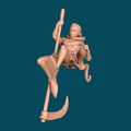 Joy, a friendly reaper miniature for D&D and tabletop RPGs, printed in 16K resin at heroic 32mm scale, depicting a masked figure perched playfully atop a large scythe with braided hair and a cozy scarf

