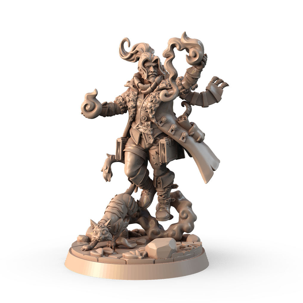 Kaelen Flameborn, Homeless Mage 3D printed 16K resin miniature for D&D and Pathfinder tabletop RPG, sculpted as a Human Sorcerer, Wizard in heroic 32mm scale with ABS-Like durable resin.