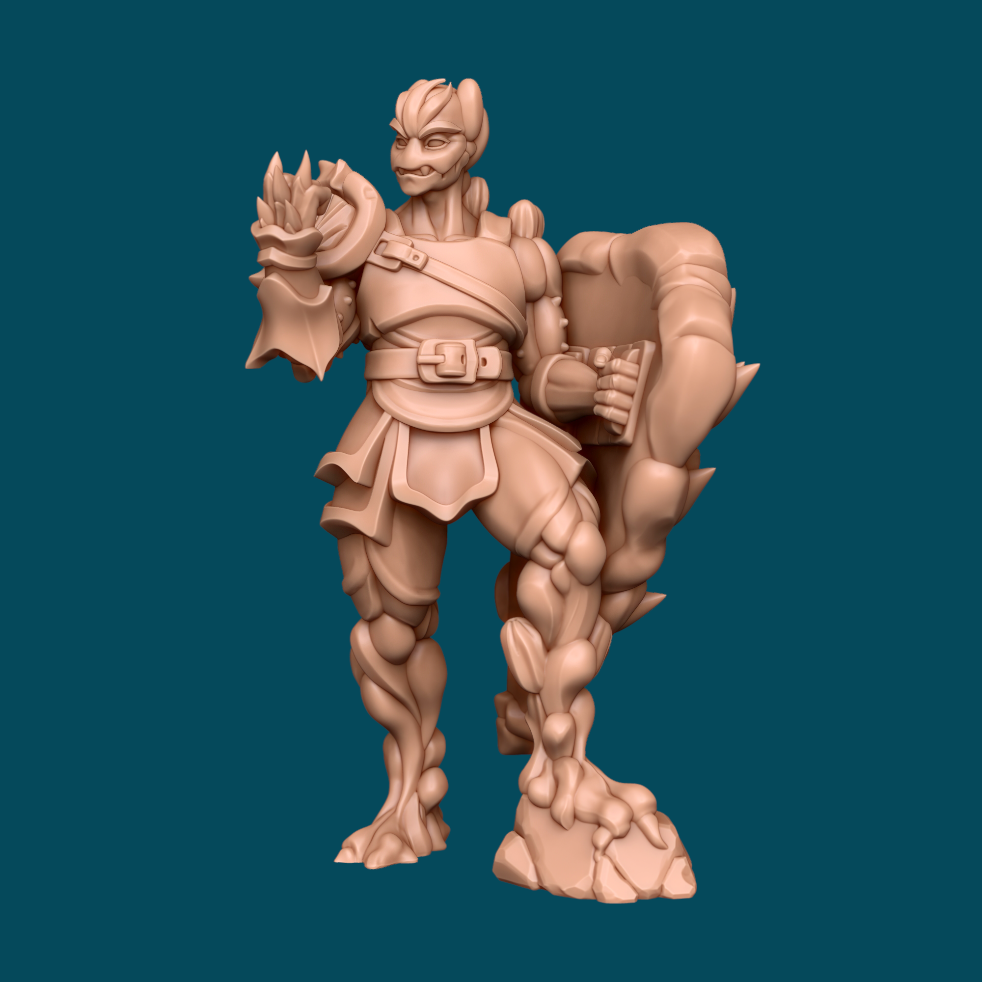 3D printed miniature of Keshy, a cactus leshy adventurer with thorny bark-like skin, cactus spines, a belt with pouches, and a confident pose holding a cactus arm shield, a resin D&D and tabletop RPG miniature at heroic 32mm scale.

