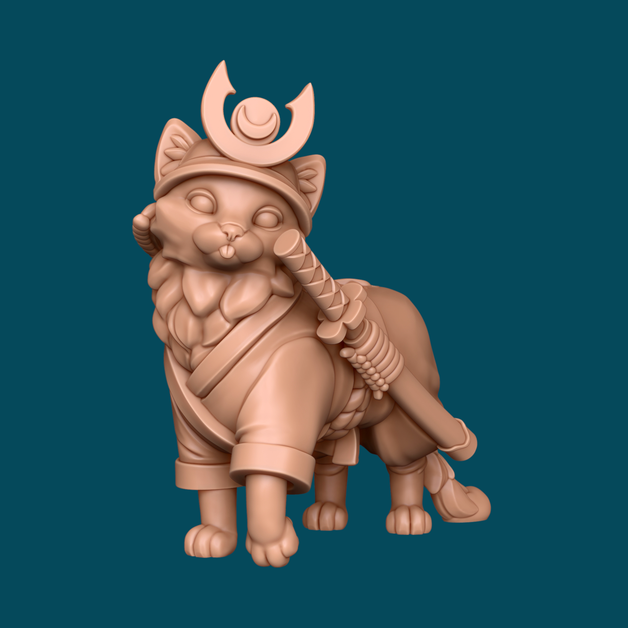 Kotatsu, Samurai Cat Miniature | D&D Cat Warrior Companion | 16K Resin Tabletop RPG