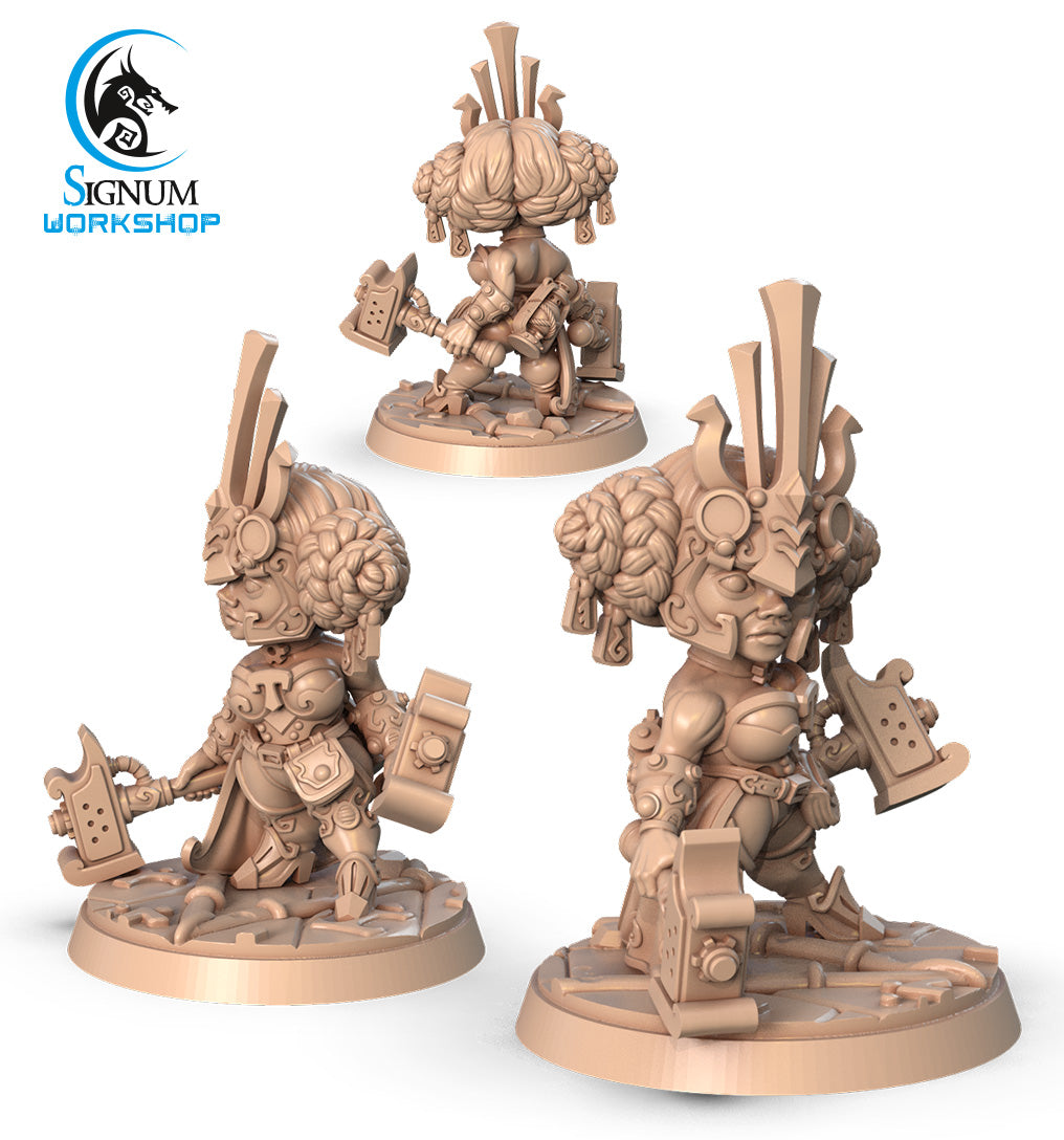 Lady Spark, the Fearless alternate angle of the 3D printed 16K resin miniature (Dwarf Artificer, Fighter) for D&D, Pathfinder, and tabletop wargaming in heroic 32mm scale.