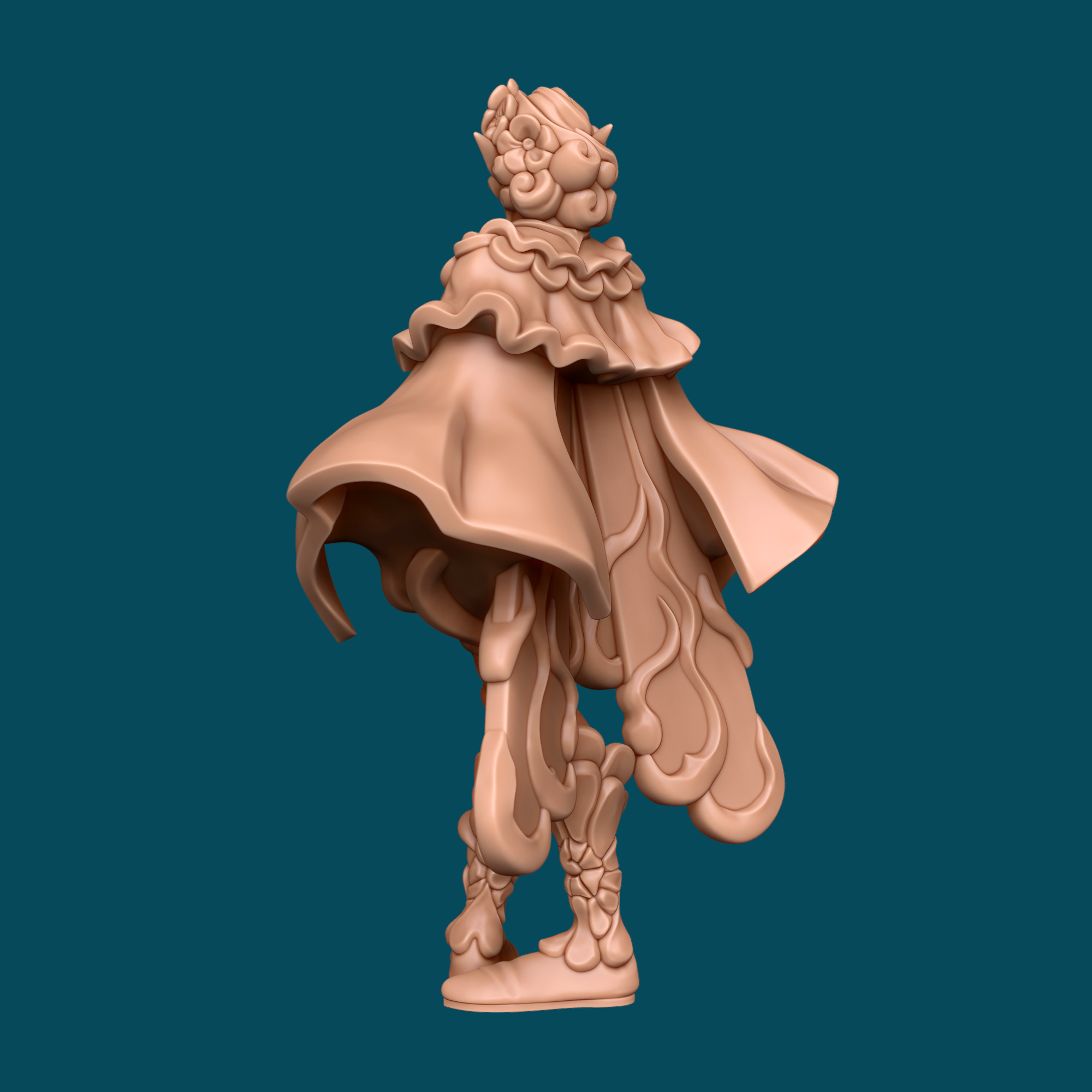 3D printed miniature rear view of Lami, an archfey prince showing the detailed flowing cape with swirling vine-like patterns and ornate hair styling, a resin D&D and tabletop RPG miniature at heroic 32mm scale.