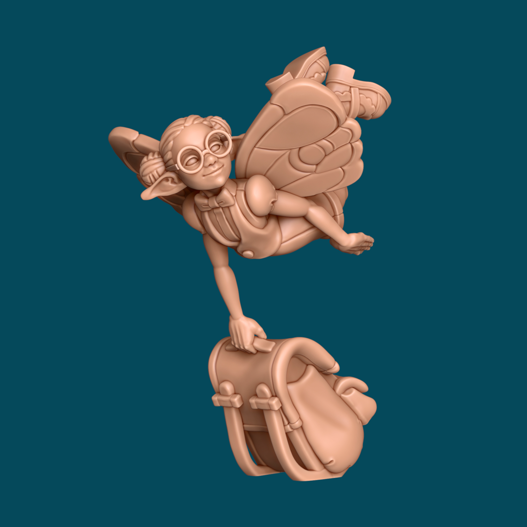 3D printed miniature of Lavender, a pixie professor with butterfly wings, round glasses, a bun hairstyle, and a satchel, shown flying while carrying a large overstuffed bag, a resin D&D and tabletop RPG miniature at heroic 32mm scale.