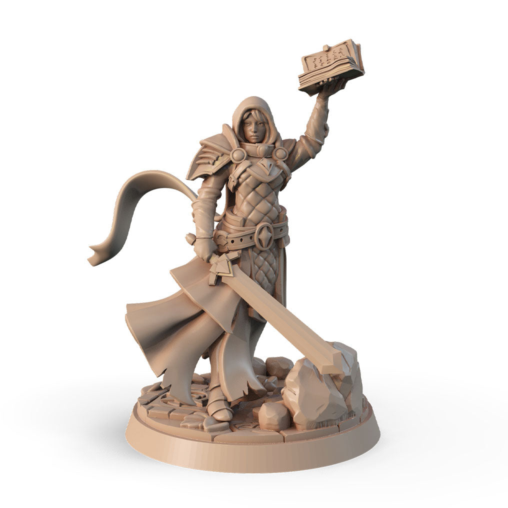 Liobrenda, the Temple Novice 3D printed 16K resin miniature for D&D and Pathfinder tabletop RPG, sculpted as a Human Cleric in heroic 32mm scale with ABS-Like durable resin.