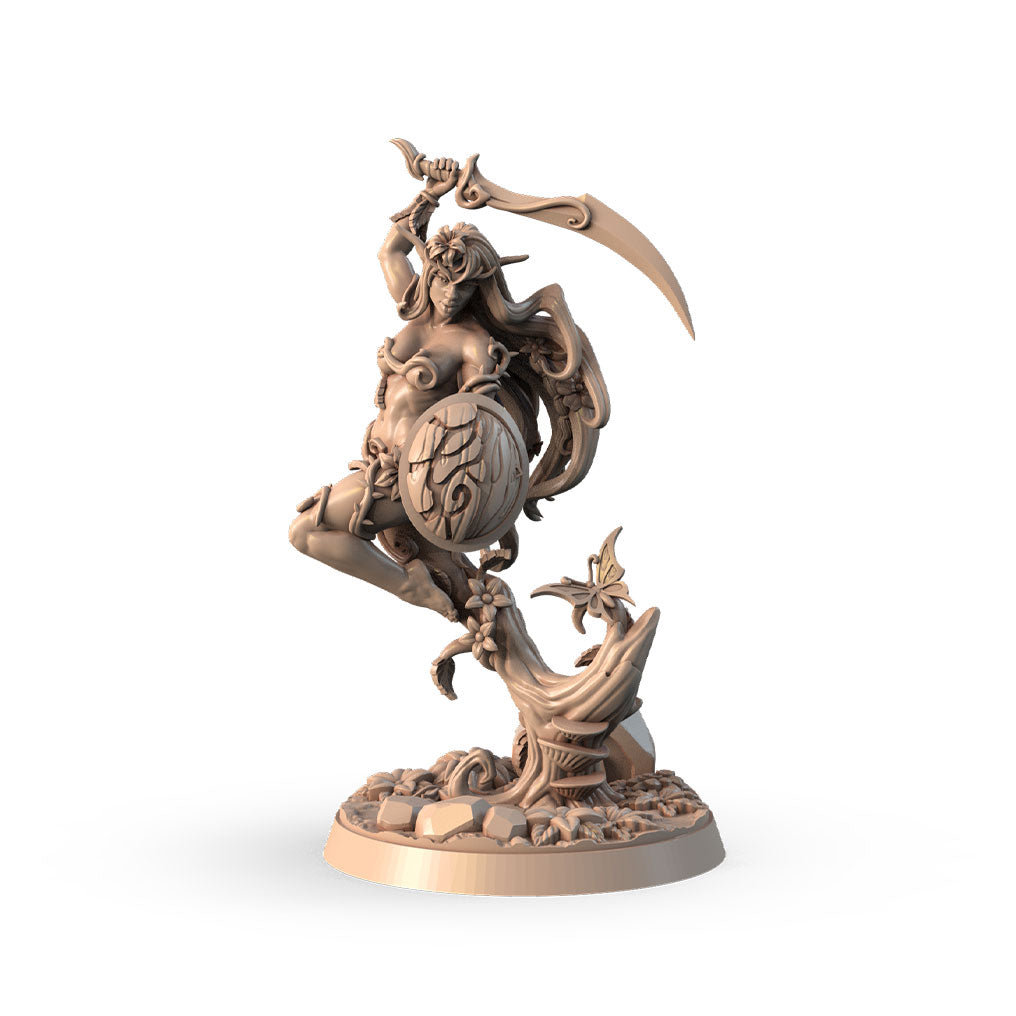 Liora, Warden of the Cinderwood 3D printed 16K resin miniature for D&D and Pathfinder tabletop RPG, sculpted as a Elf Druid, Ranger in heroic 32mm scale with ABS-Like durable resin.