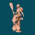 3D printed miniature of Lotty, a mermaid guard perched on an ornate column pedestal, wielding a paddle-like weapon with a scaled fish tail, flowing hair, and light armor, a resin D&D and tabletop RPG miniature at heroic 32mm scale.