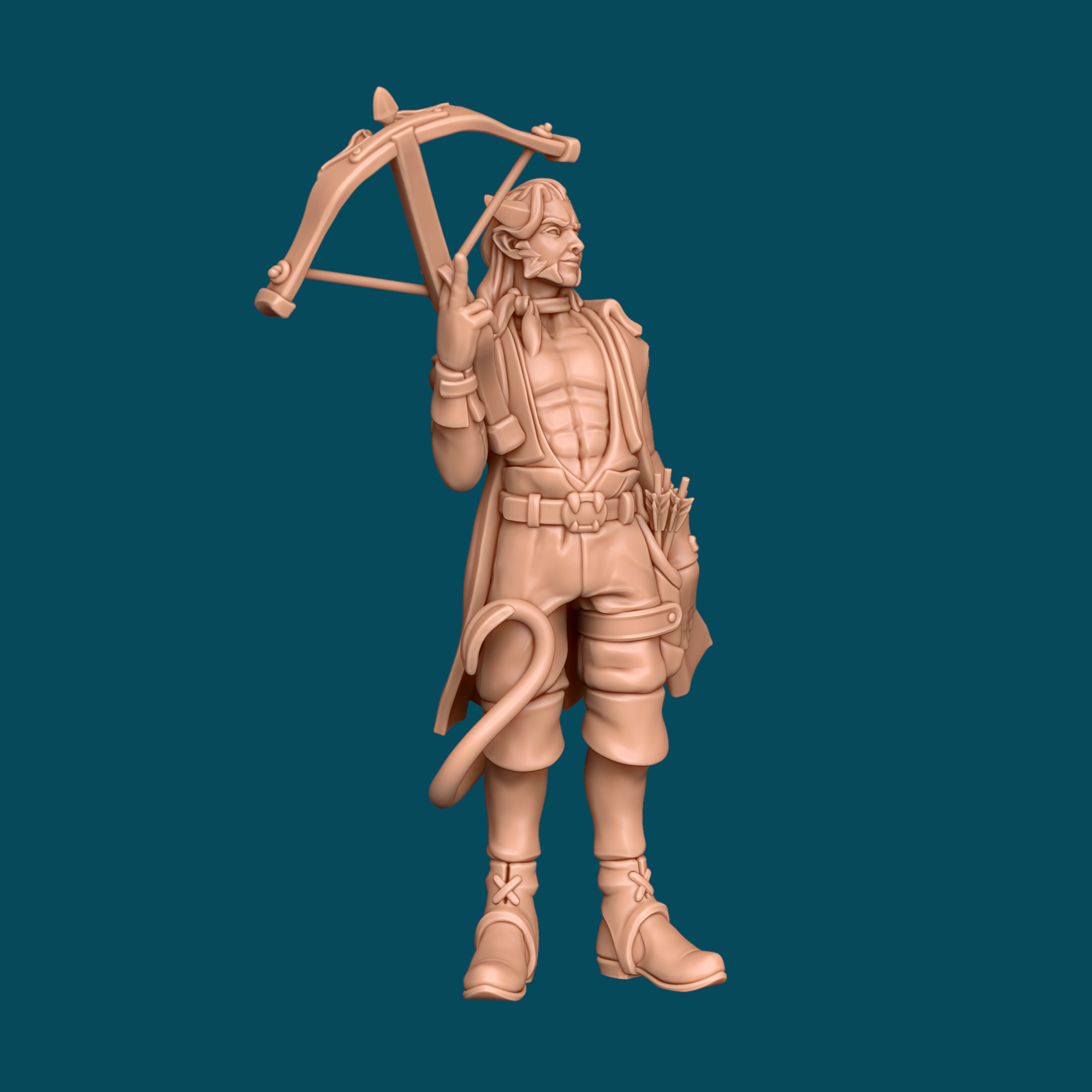 Marsh is a tiefling demon hunter miniature in heroic 32mm scale, printed in 16K ABS-Like resin. Features a raised crossbow, quiver of bolts, and adventuring gear. Ready to paint, ships in 1-3 days.