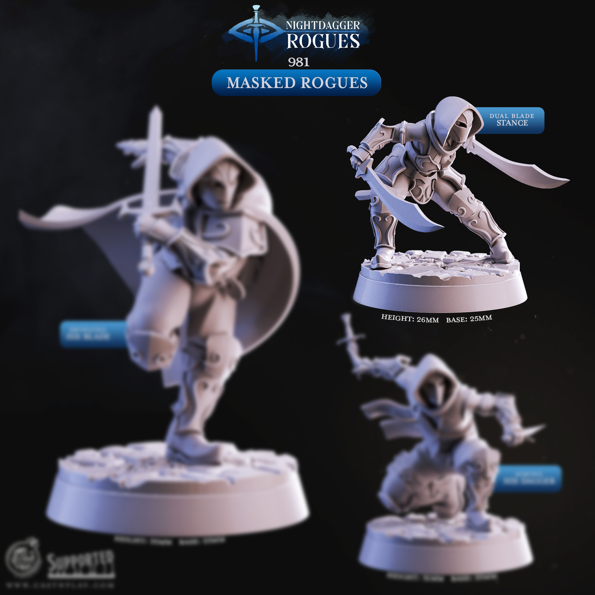 Masked Rogue Miniatures for D&D Pathfinder – 3 Hooded Assassin Thief Minis with Daggers – 25mm Base Resin 3D Printed TTRPG