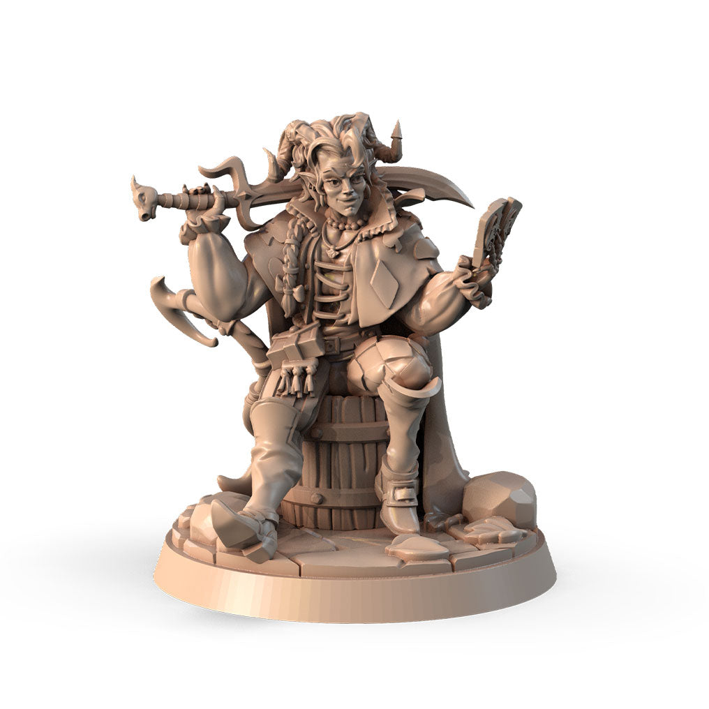 Millo, the Mysterious Fortune Teller 3D printed 16K resin miniature for D&D and Pathfinder tabletop RPG, sculpted as a Halfling Sorcerer, Bard in heroic 32mm scale with ABS-Like durable resin.
