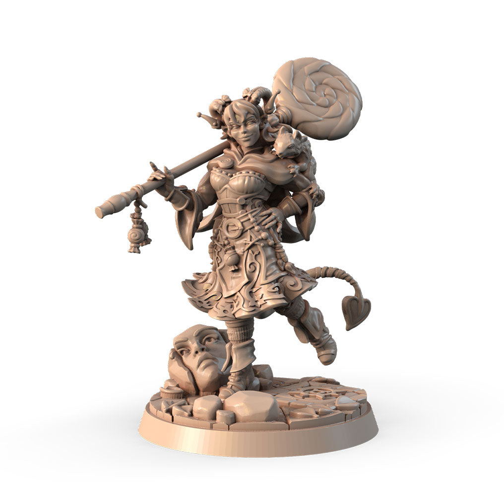 Mira Glint, Super Sweet Retribution Candy 3D printed 16K resin miniature for D&D and Pathfinder tabletop RPG, sculpted as a Halfling Sorcerer, Bard in heroic 32mm scale with ABS-Like durable resin.
