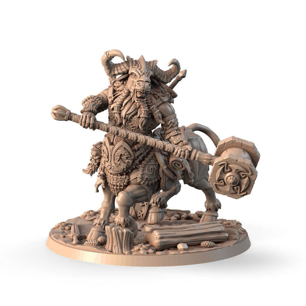 Ophtar, Minocentaur with Warhammer 3D printed 16K resin miniature for D&D and Pathfinder tabletop RPG, sculpted as a Centaur, Minotaur Fighter, Barbarian in heroic 32mm scale with ABS-Like durable resin.
