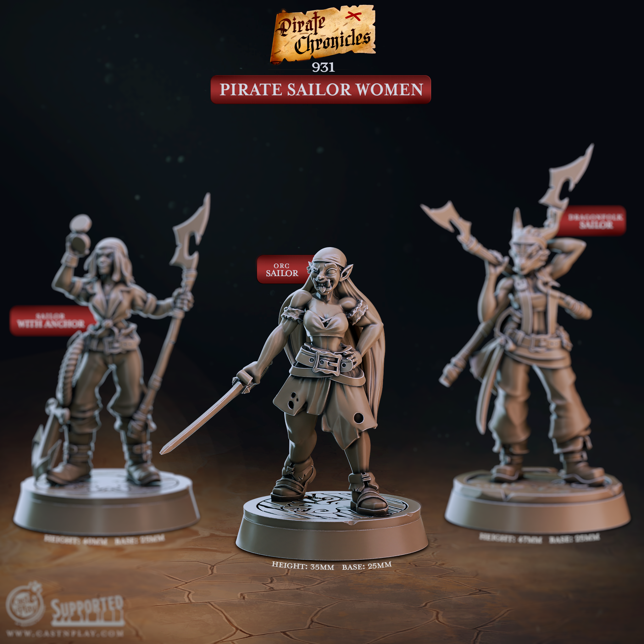 3D printed miniature of a female orc pirate sailor armed with a cutlass and wearing a bandana, perfect for D&D seafaring encounters and tabletop RPG pirate adventures.