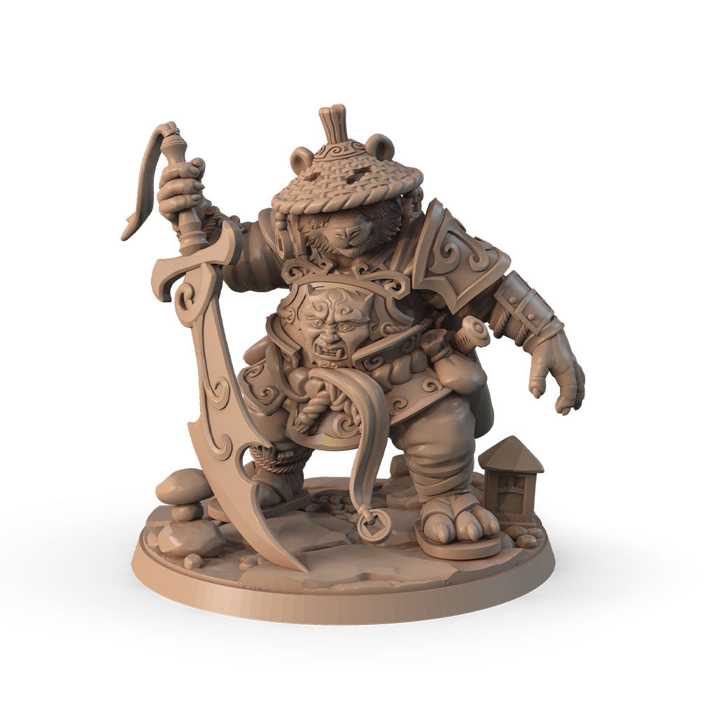 Panda Warrior with Golden Sword 3D printed 16K resin miniature for D&D and Pathfinder tabletop RPG, sculpted as a Animals & Beasts, Vanara Fighter, Monk in heroic 32mm scale with ABS-Like durable resin.
