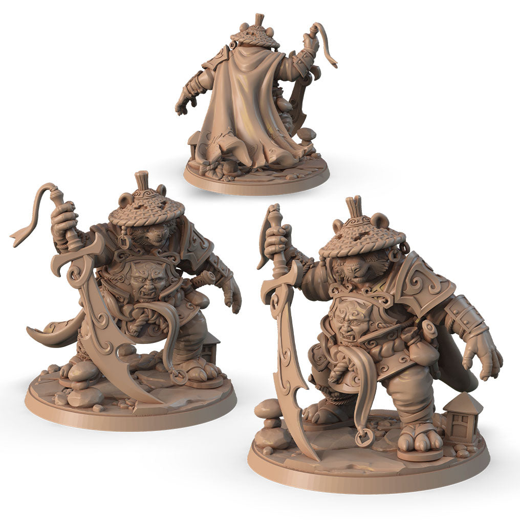 Panda Warrior with Golden Sword alternate angle of the 3D printed 16K resin miniature (Animals & Beasts, Vanara Fighter, Monk) for D&D, Pathfinder, and tabletop wargaming in heroic 32mm scale.